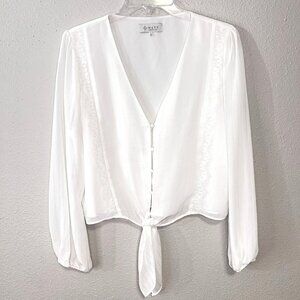 WAYF White Blouse Womens Size Large V-Neck Lace Trim Knotted Cropped Feminine